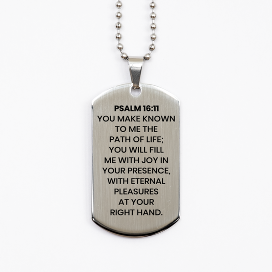 Psalm 16:11 Necklace, Bible Verse Necklace, Christian Necklace, Christian Birthday Gift, Stainless Steel Dog Tag Necklace, Gift for Christian.