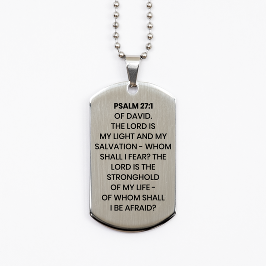 Psalm 27:1 Necklace, Bible Verse Necklace, Christian Necklace, Christian Birthday Gift, Stainless Steel Dog Tag Necklace, Gift for Christian.