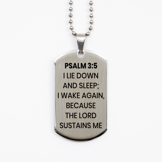 Psalm 3:5 Necklace, Bible Verse Necklace, Christian Necklace, Christian Birthday Gift, Stainless Steel Dog Tag Necklace, Gift for Christian.