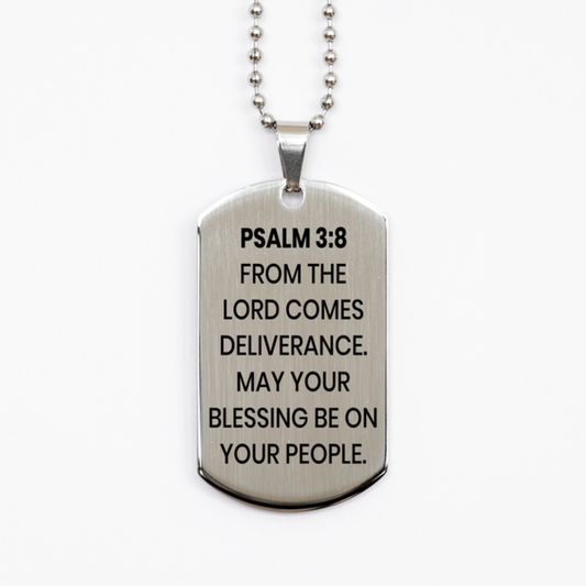 Psalm 3:8 Necklace, Bible Verse Necklace, Christian Necklace, Christian Birthday Gift, Stainless Steel Dog Tag Necklace, Gift for Christian.