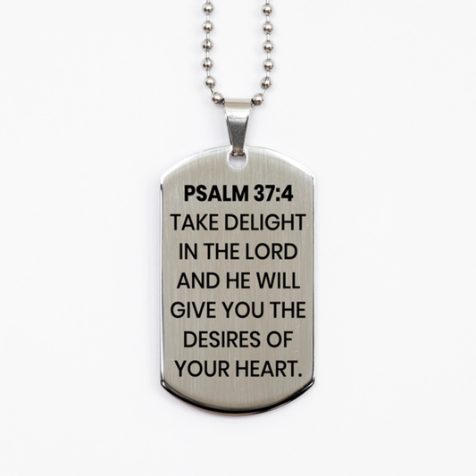 Psalm 37:4 Necklace, Bible Verse Necklace, Christian Necklace, Christian Birthday Gift, Stainless Steel Dog Tag Necklace, Gift for Christian.