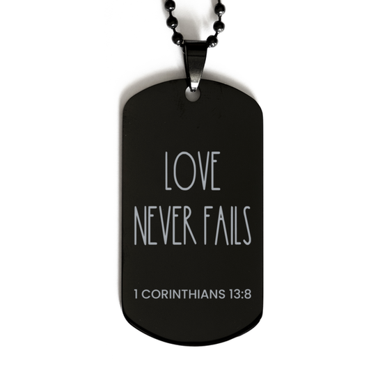 Love Never Fails, 1 Corinthians 13:8 Necklace, Bible Verse Necklace, Christian Necklace, Easter Gift, Black Dog Tag, Gift for Christian