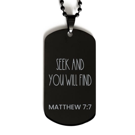 Seek And You Will Find, Matthew 7:7 Necklace, Bible Verse Necklace, Christian Necklace, Easter Gift, Black Dog Tag, Gift for Christian