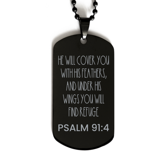 He Will Cover You With His Feathers And Under His Wings You Will Find Refuge, Psalm 91:4 Necklace, Bible Verse Necklace, Easter Gift, Black Dog Tag