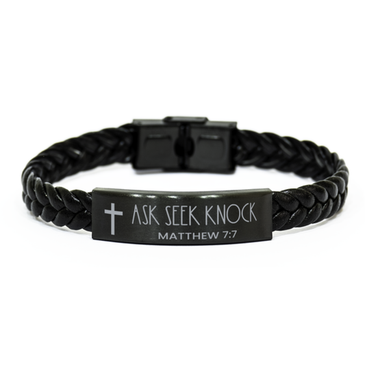 Ask Seek Knock, Matthew 7:7 Bracelet, Bible Verse Bracelet, Christian Bracelet, Easter Gift, Braided Leather Bracelet