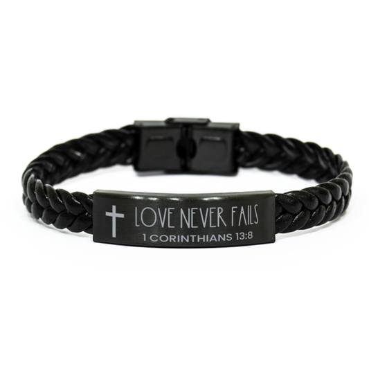 Love Never Fails, 1 Corinthians 13:8 Bracelet, Bible Verse Bracelet, Christian Bracelet, Easter Gift, Braided Leather Bracelet