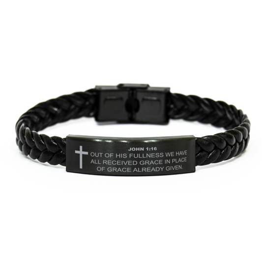 John 1:16 Bracelet, Out Of His Fullness We Have All Received Grace, Bible Verse Bracelet, Christian Bracelet, Braided Leather Bracelet, Easter Gift