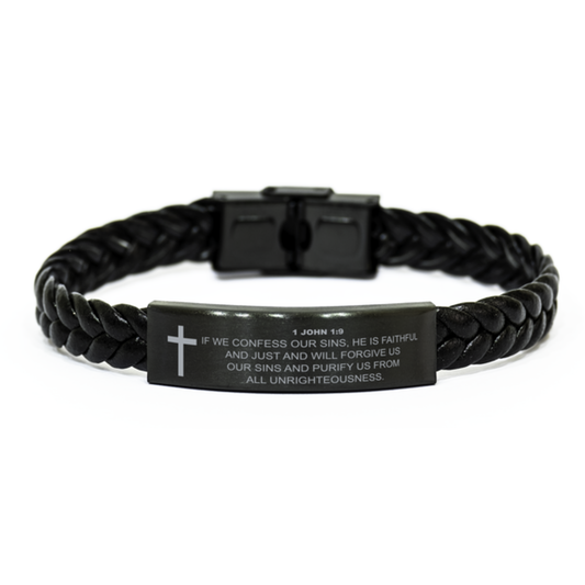 1 John 1:9 Bracelet, If We Confess Our Sins, Bible Verse Bracelet, Christian Bracelet, Braided Leather Bracelet, Easter Gift