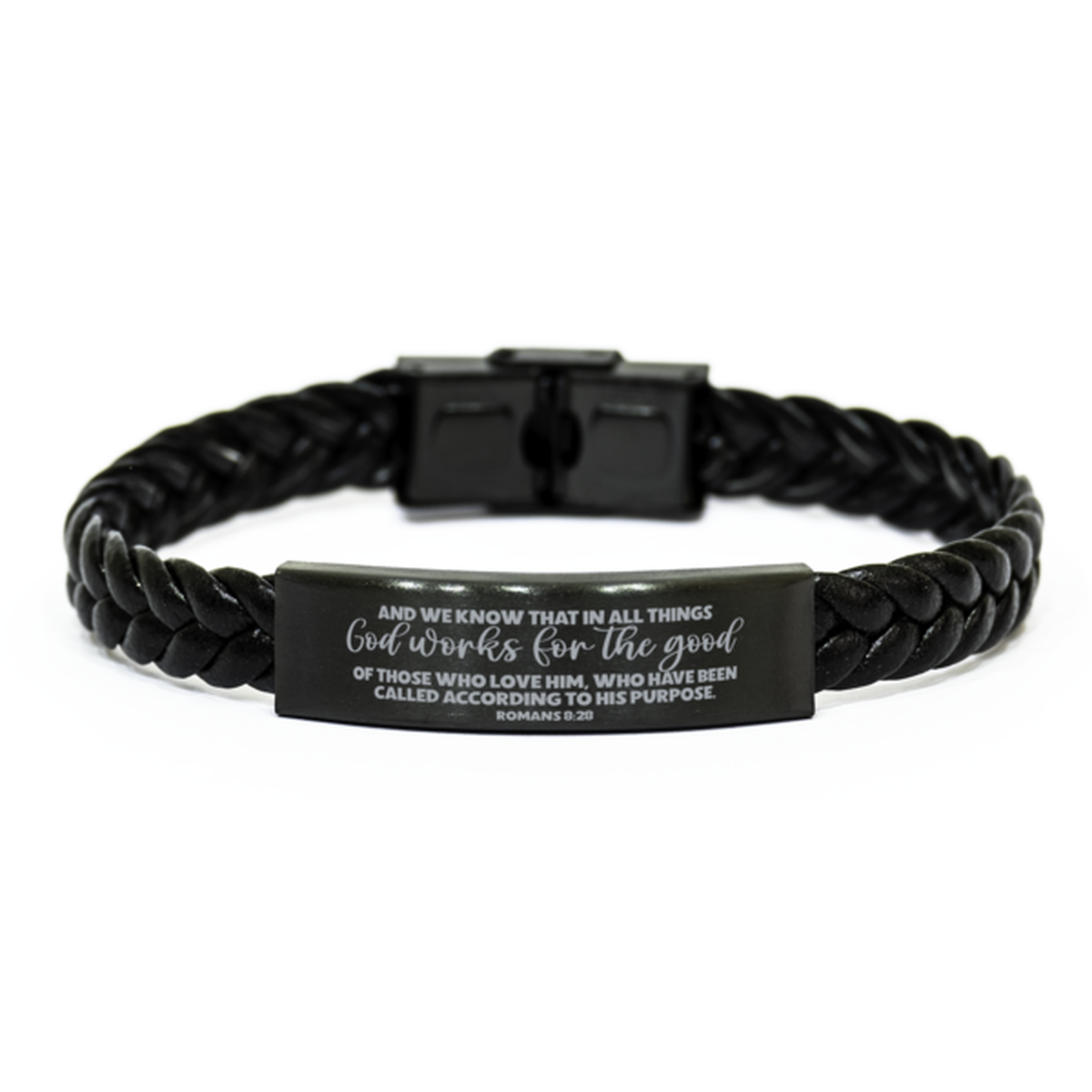 Romans 8:28, And We Know That In All Things, Engraved Bible Verse Bracelet, Scripture Christian gift, Braided Leather Bracelet