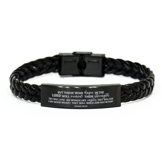 Isaiah 40:31, But Those Who Hope In The Lord Will Renew Their Strength, Engraved Bible Verse Bracelet, Scripture Christian Gift, Braided Leather Bracelet