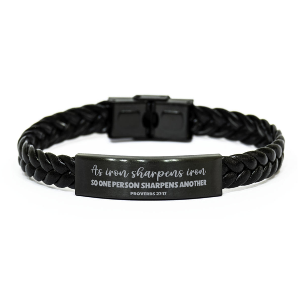 Proverbs 27:17, Iron Sharpens Iron, Friendship Gift, Iron Gift, Engraved Bible Verse Bracelet, Scripture Christian Gift, Braided Leather Bracelet