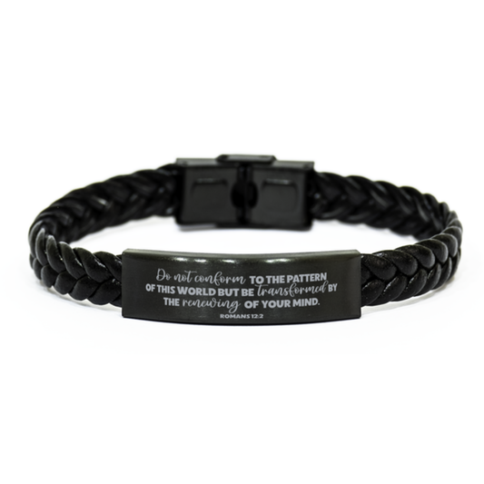 Romans 12:2, Do Not Conform To The Pattern Of This World, Baptism Gift, Bible Verse Bracelet, Christian Gift, Braided Leather Bracelet