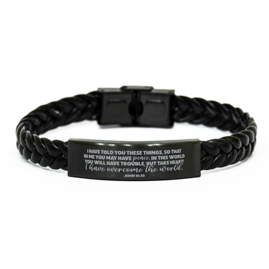 John 16:33, In This World You Will Have Trouble But Take Heart I Have Overcome the World, Engraved Bible Verse Bracelet, Scripture Christian Gift, Braided Leather Bracelet