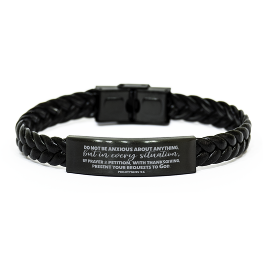 Philippians 4:6, Do Not Be Anxious About Anything Bracelet, Engraved Bible Verse Scripture Christian Gift, Braided Leather Bracelet