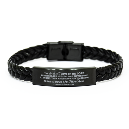 Lamentations 3:22-23, The Steadfast Love of the Lord Never Ceases His Mercies Are New Every Morning Bracelet Gift, Braided Leather Bracelet