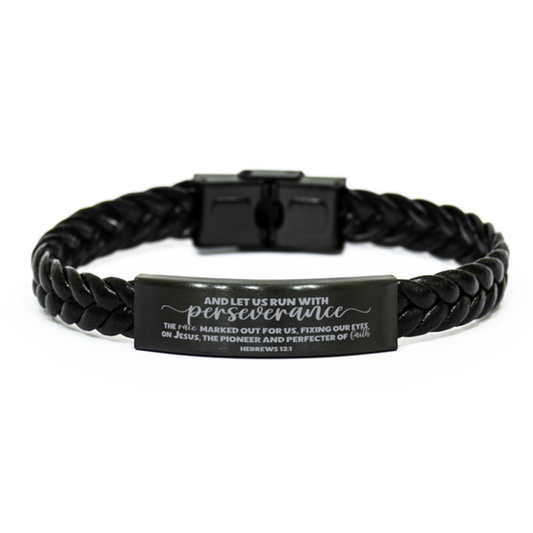 Hebrews 12:1, Let Us Run With Perseverance The Race Marked Out For Us Bracelet, Bible Verse Encouragement Gift, Braided Leather Bracelet