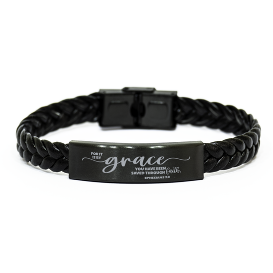 Ephesians 2:8, For It is By Grace Through Faith Bracelet, Engraved Bible Verse Family Scripture Christian Gift, Braided Leather Bracelet