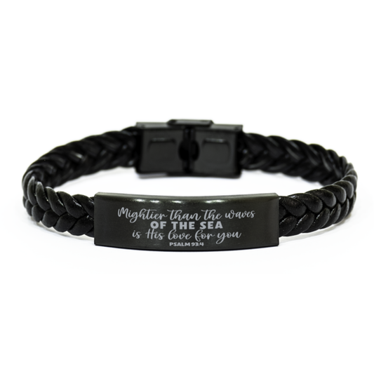 Psalm 93:4, Mightier Than The Waves Of The Sea is His Love For You Bracelet, Engraved Bible Verse Christian Gift, Braided Leather Bracelet