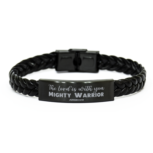 Judges 6:12, The Lord is With You Mighty Warrior Bracelet, Engraved Bible Verse Faint Scripture Christian Gift, Braided Leather Bracelet