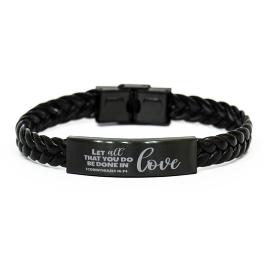 1 Corinthians 16:14, Let All That You Do Be Done In Love Bracelet, Engraved Bible Verse Mindful Christian Gift, Braided Leather Bracelet