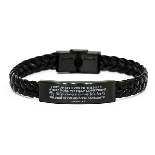 Psalm 121:1-2, My Help Comes From The Lord I Lift Up My Eyes, Encouragement Gift, Bible Verse Christian Gift, Braided Leather Bracelet