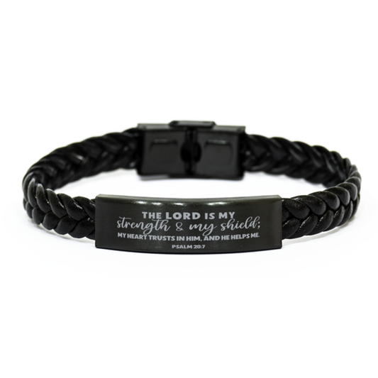 Psalm 28:7, The Lord Is My Strength And My Shield Bracelet, Engraved Bible Verse Scripture Christian Gift, Braided Leather Bracelet