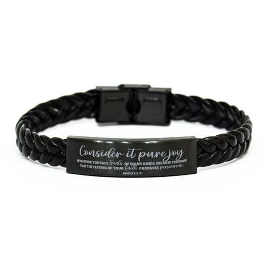 James 1:2-3, Consider It Pure Joy Bracelet, Engraved Bible Verse Encouragement Scripture Christian Gift, Braided Leather Bracelet