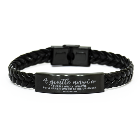 Proverbs 15:1, A Gentle Answer Turns Away Wrath But A Harsh Word Stirs Up Anger Bracelet, Bible Verse Gift, Braided Leather Bracelet