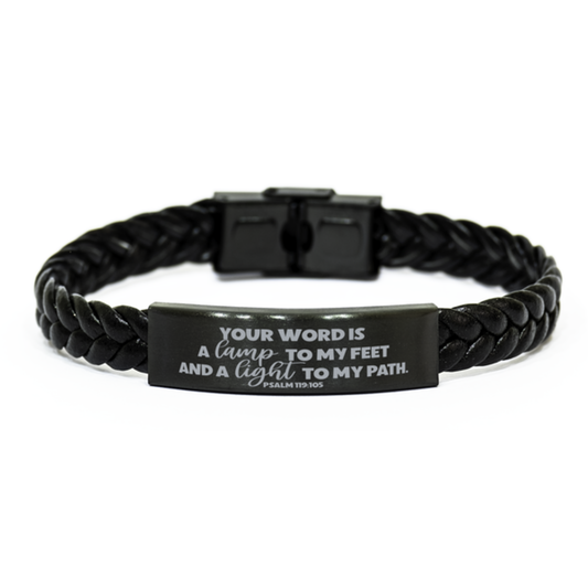 Psalm 119:105, Your Word Is a Lamp to My Feet and a Light to My Path Bracelet, Engraved Bible Verse Christian Gift, Braided Leather Bracelet