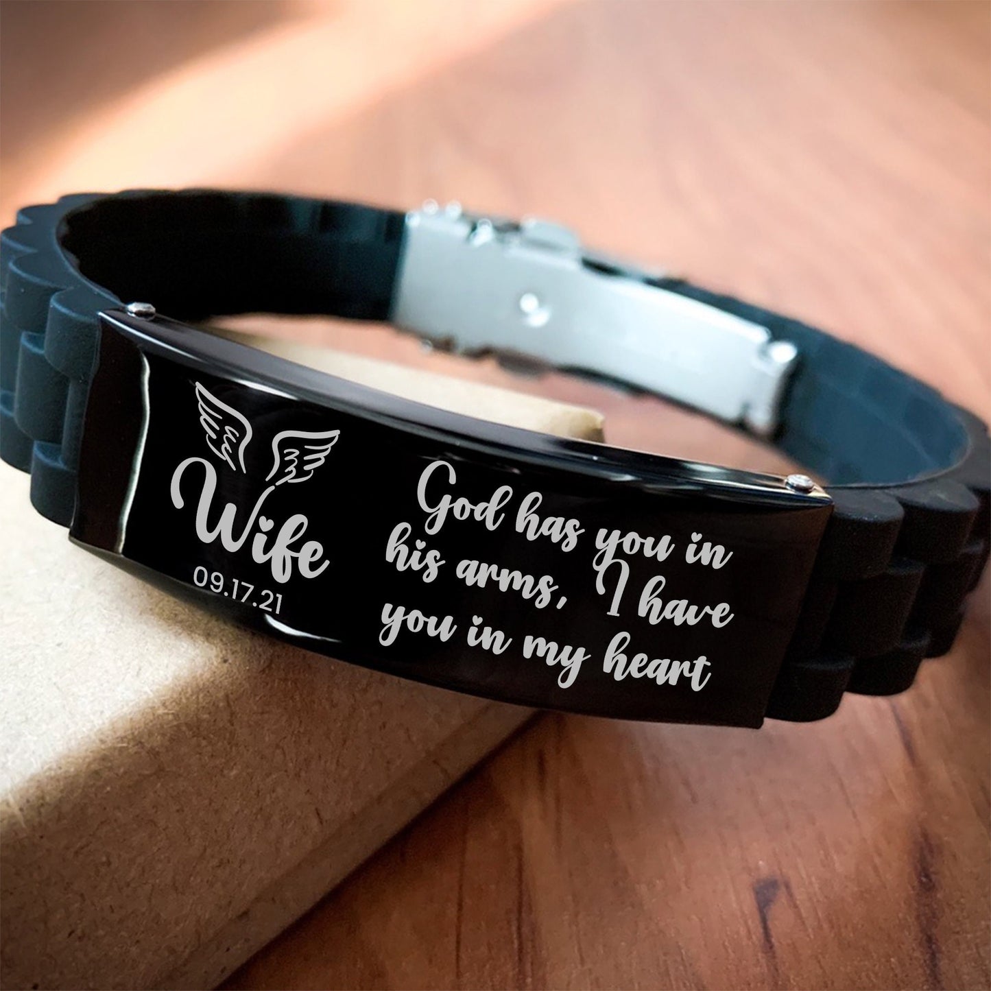 God Has You In His Arms Bracelet, Personalized Wife Memorial Gift, In Memory Gift, Silicone Bracelet, Loss Of Wife, Sympathy Gifts