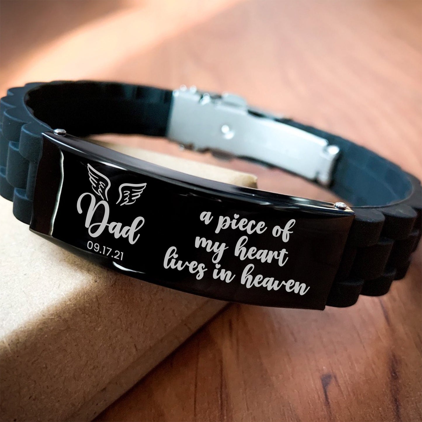 A Piece Of My Heart Lives In Heaven Bracelet, Personalized Dad Memorial Gift, In Memory Gift, Silicone Bracelet, Loss Of Father, Remembrance