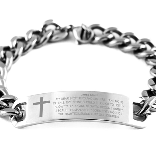 James 1:19-20 Bracelet, Be Quick To Listen Slow To Speak And Slow To Become Angry, Bible Verse, Stainless Steel Cuban Chain Bracelet