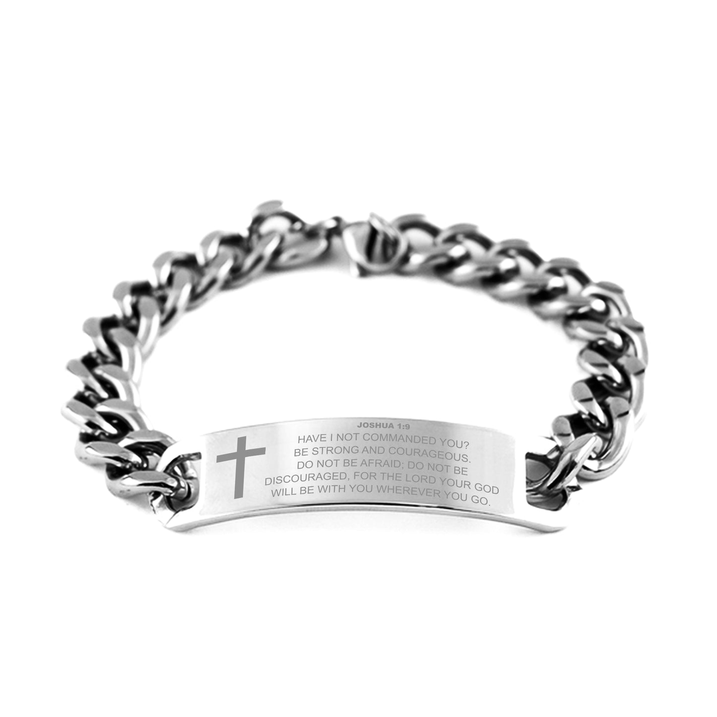 Joshua 1:9 Bracelet, Be Strong And Courageous, Bible Verse Bracelet, Stainless Steel Cuban Chain Bracelet, Gift