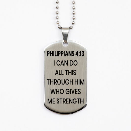 Philippians 4:13 Necklace, Bible Verse Necklace, Christian Necklace, Stainless Steel Dog Tag Necklace, Gift for Christian