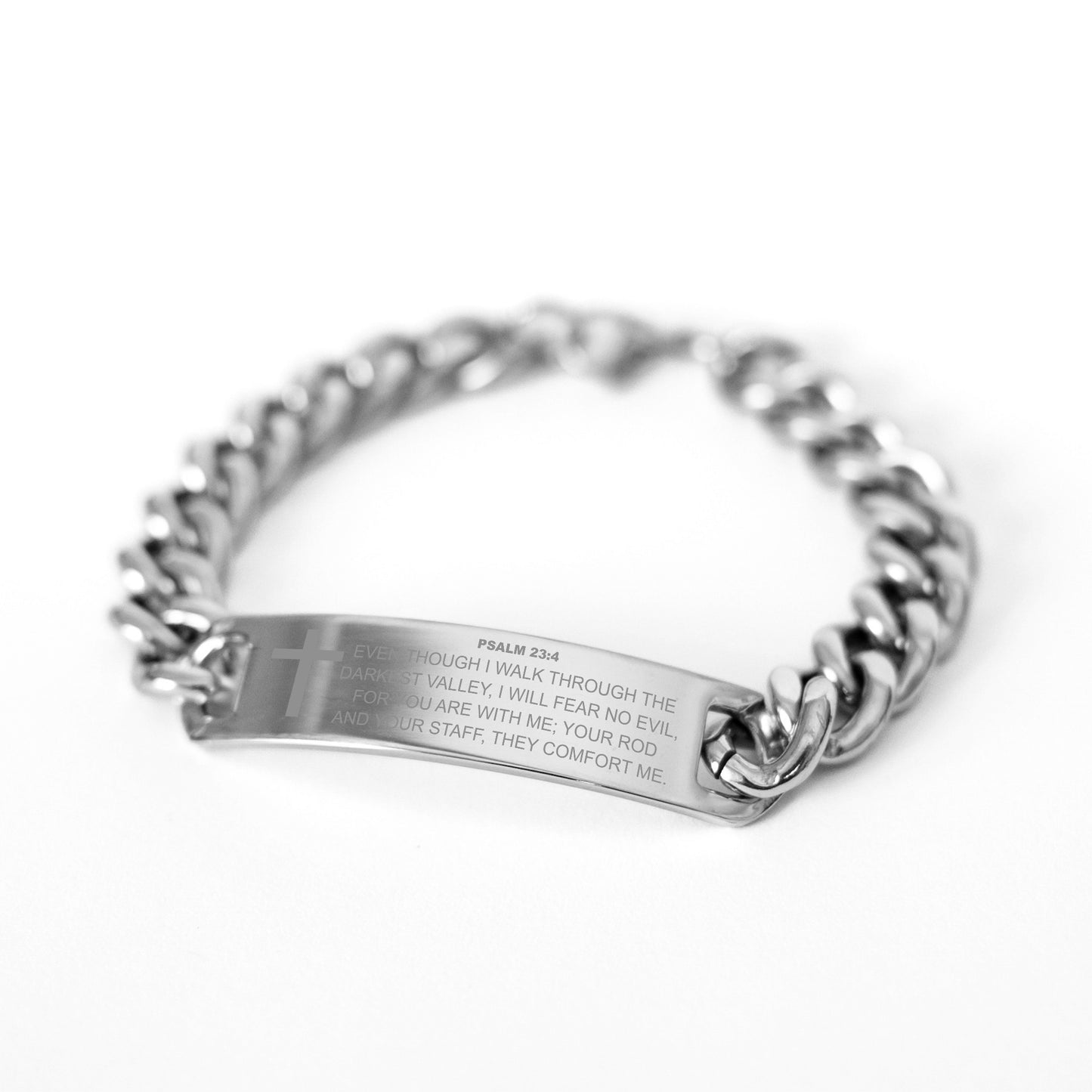 Psalm 23:4 Bracelet, I Will Fear No Evil, Bible Verse Bracelet, Christian Bracelet, Stainless Steel Cuban Chain Bracelet