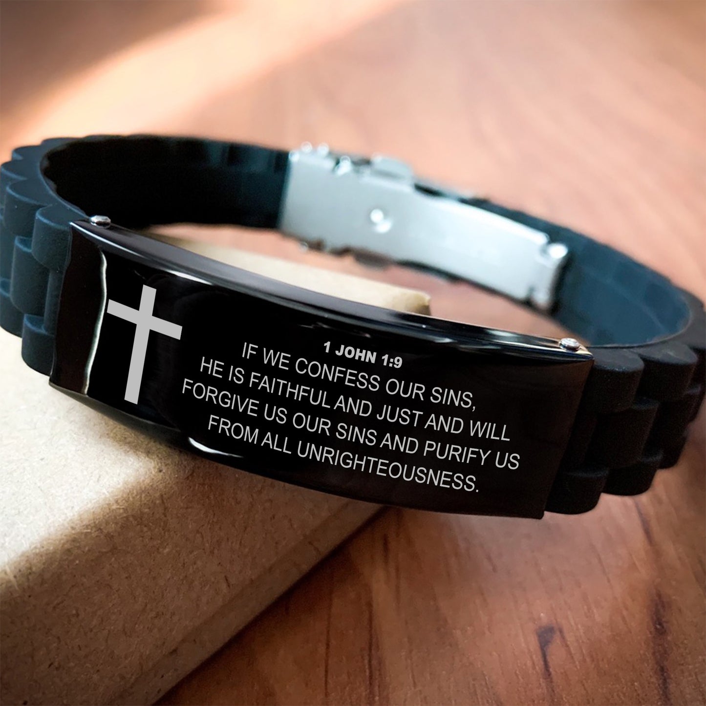 1 John 1 9 Bracelet, Bible Verse Bracelet, Christian Bracelet, Black Stainless Steel Silicone Bracelet, Gift for Christian