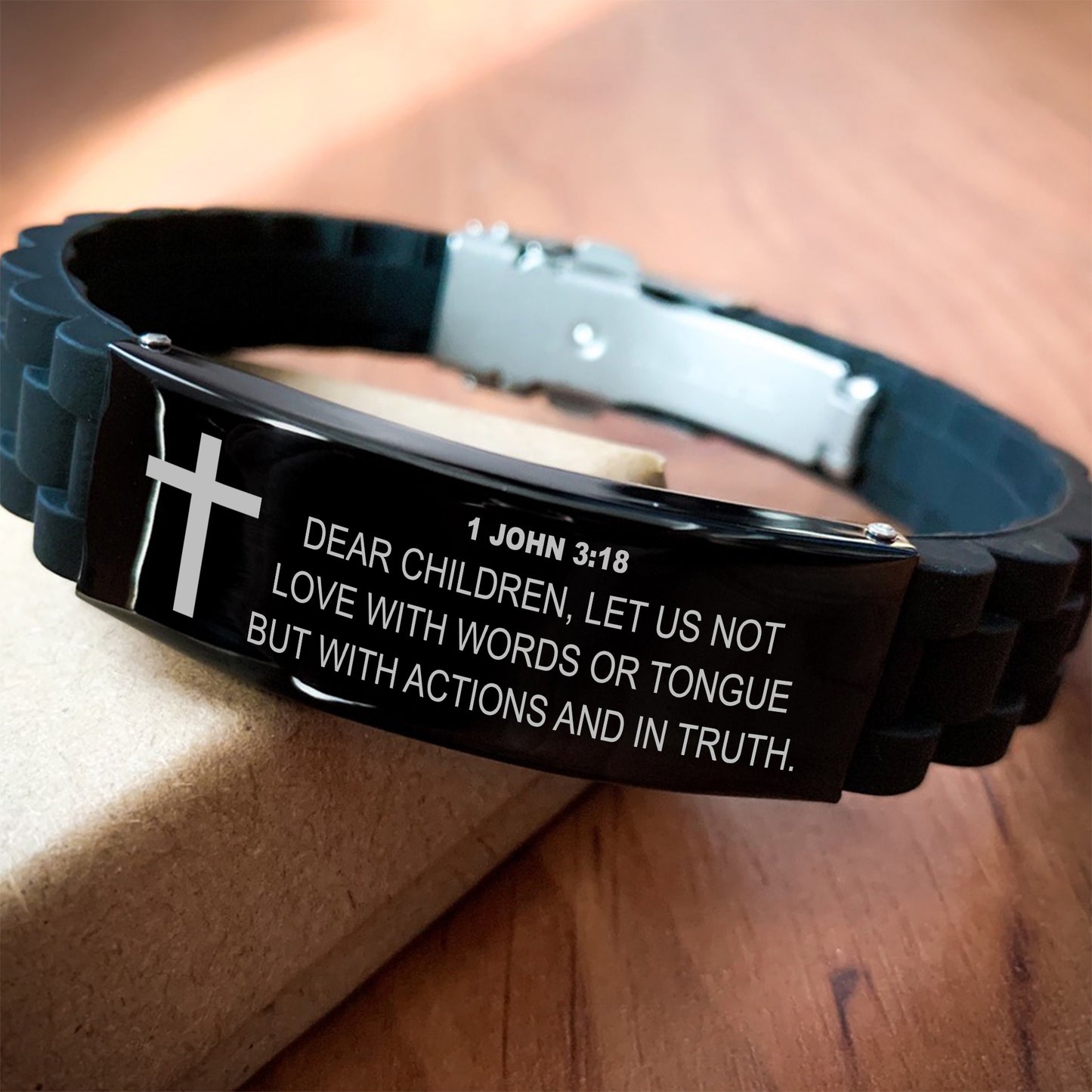 1 John 3 18 Bracelet, Bible Verse Bracelet, Christian Bracelet, Black Stainless Steel Silicone Bracelet, Gift for Christian