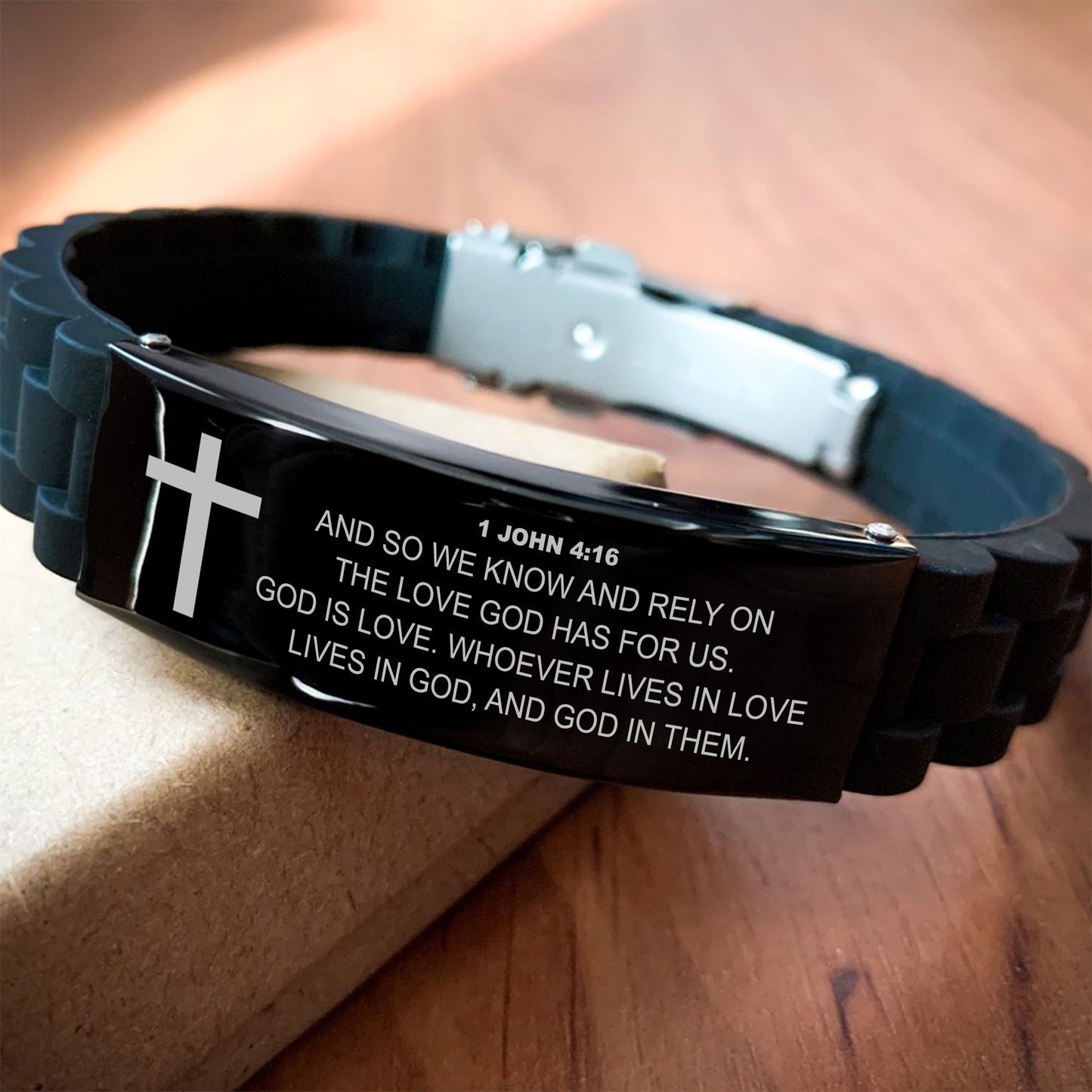 1 John 4 16 Bracelet, Bible Verse Bracelet, Christian Bracelet, Black Stainless Steel Silicone Bracelet, Gift for Christian