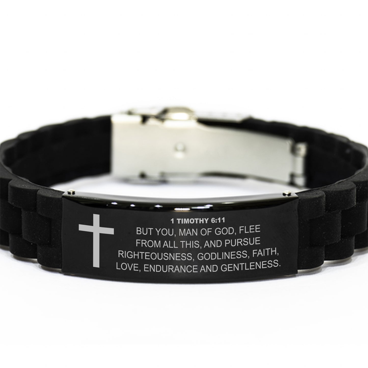 1 Timothy 6 11 Bracelet, Bible Verse Bracelet, Christian Bracelet, Black Stainless Steel Silicone Bracelet, Gift for Christian