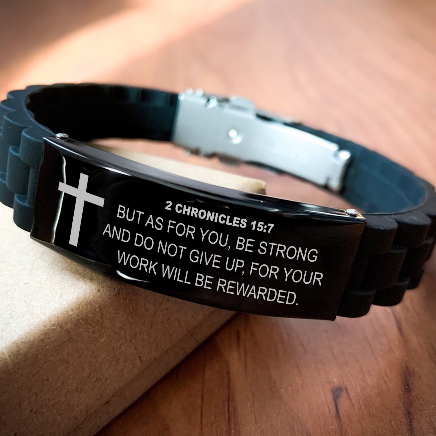 2 Chronicles 15 7 Bracelet, Bible Verse Bracelet, Christian Bracelet, Black Stainless Steel Silicone Bracelet, Gift for Christian