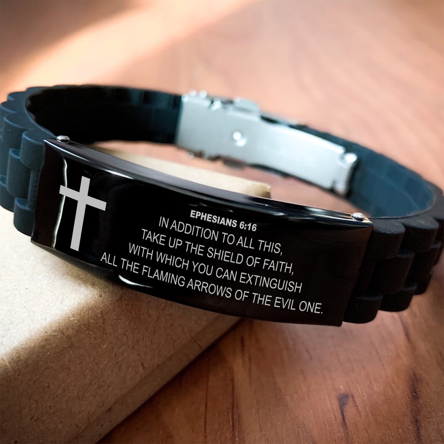 Ephesians 6 16 Bracelet, Bible Verse Bracelet, Christian Bracelet, Black Stainless Steel Silicone Bracelet, Gift for Christian