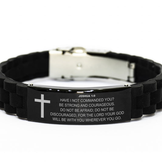 Joshua 1 9 Bracelet, Bible Verse Bracelet, Christian Bracelet, Black Stainless Steel Silicone Bracelet, Gift for Christian