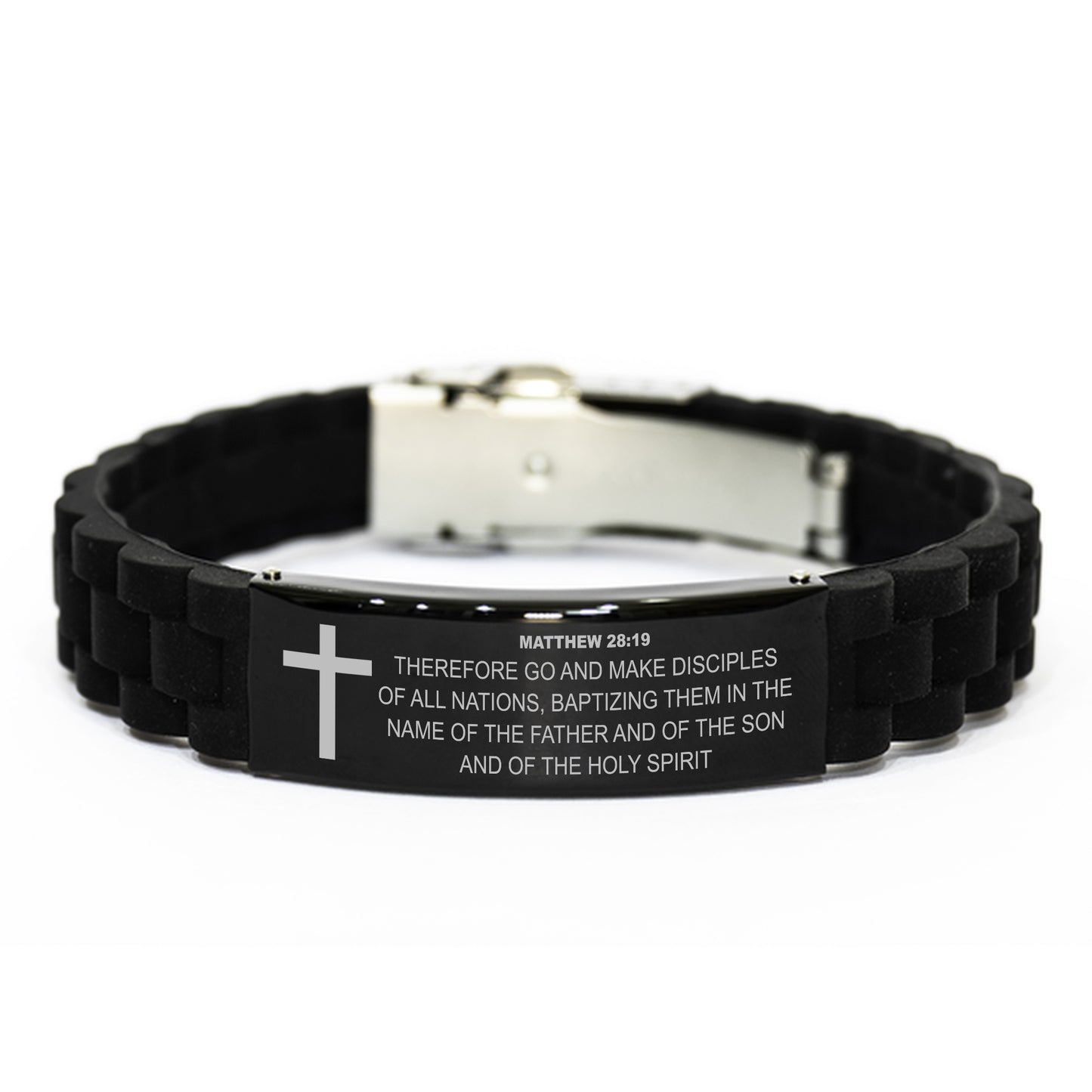 Matthew 28 19 Bracelet, Bible Verse Bracelet, Christian Bracelet, Black Stainless Steel Silicone Bracelet, Gift for Christian