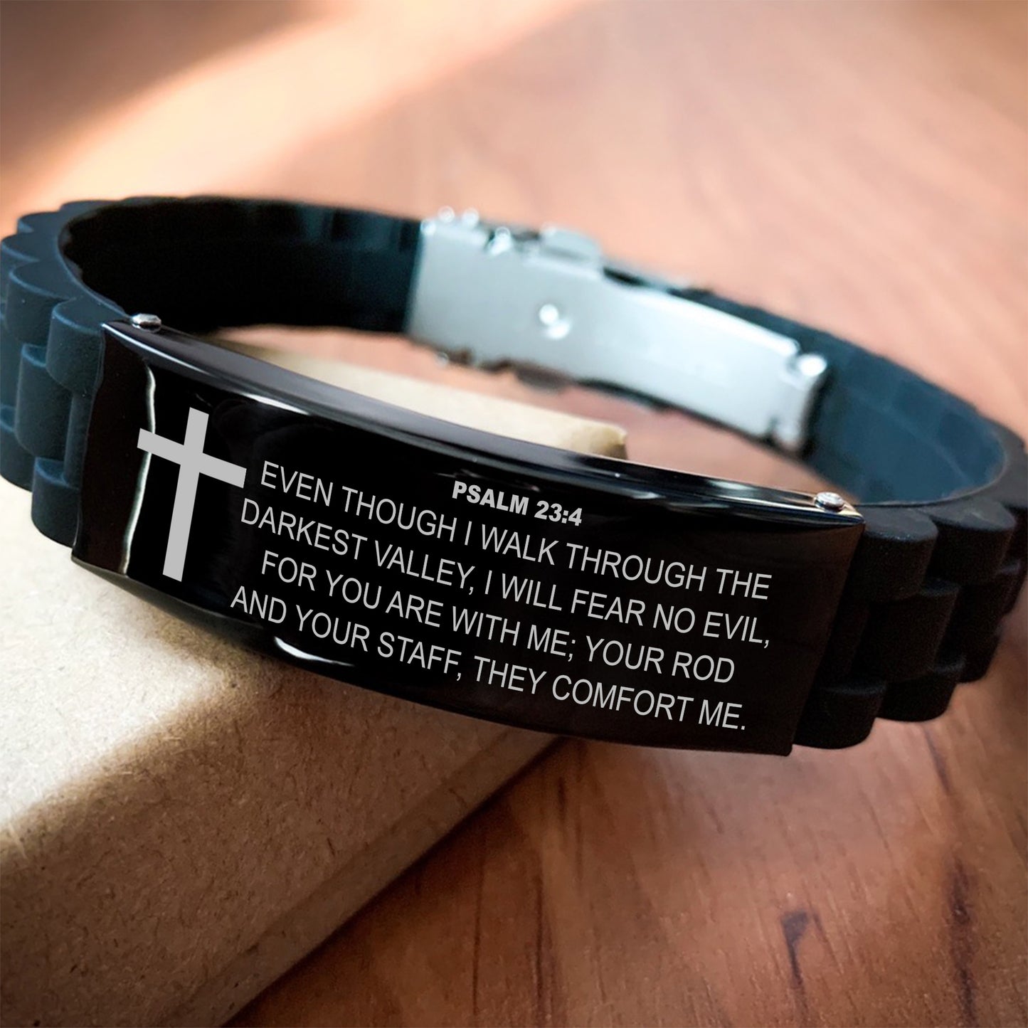 Psalm 23:4 Bracelet, Bible Verse Bracelet, Christian Bracelet, Black Stainless Steel Silicone Bracelet, Gift for Christian