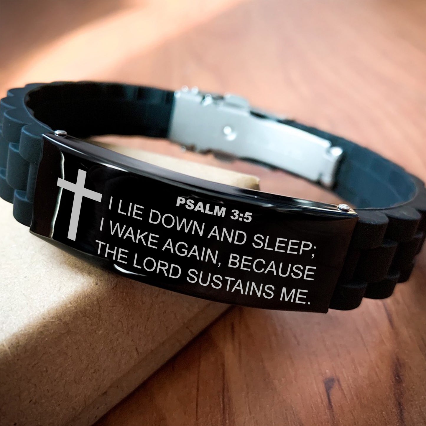 Psalm 3:5 Bracelet, Bible Verse Bracelet, Christian Bracelet, Black Stainless Steel Silicone Bracelet, Gift for Christian