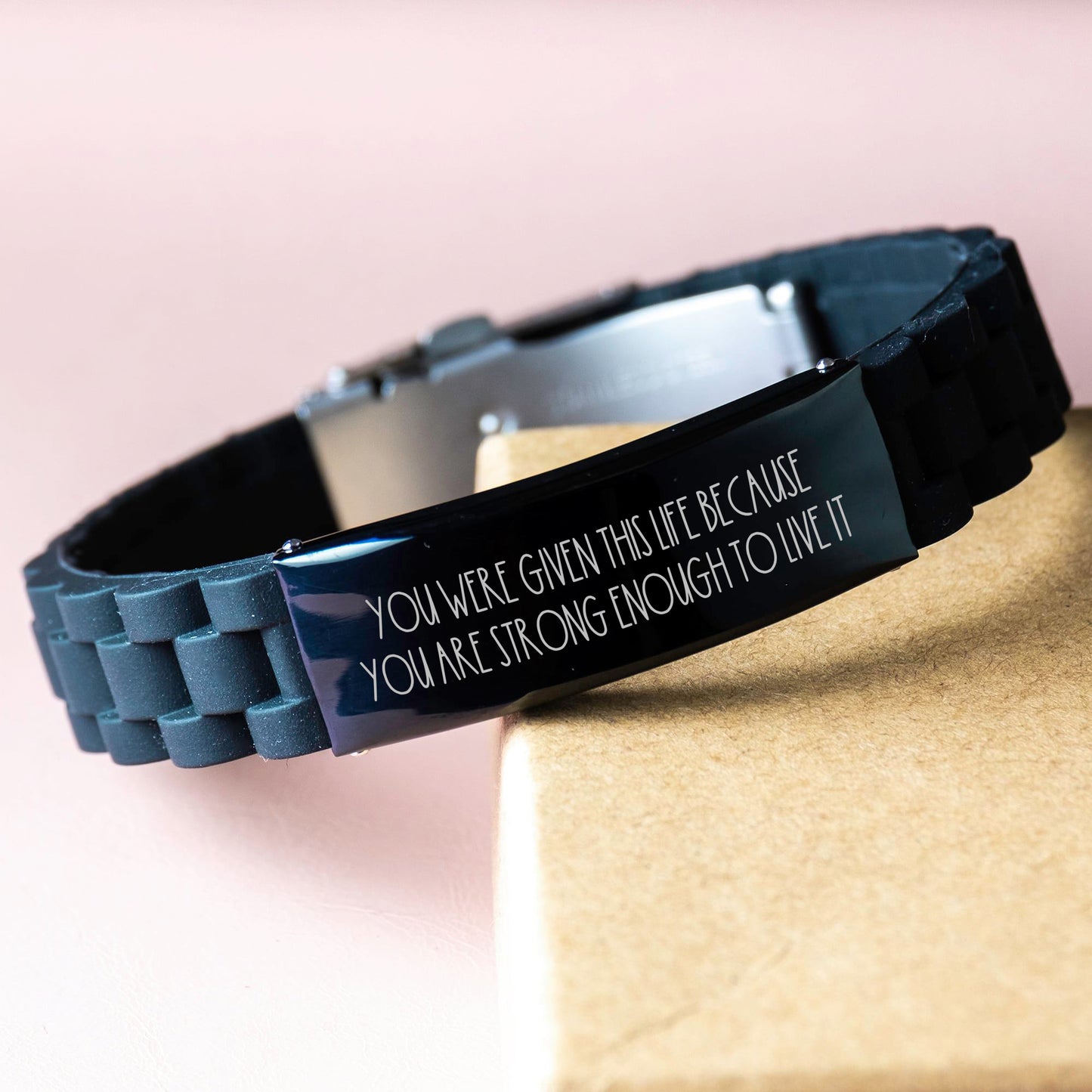 You Were Given This Life Because You Are Strong Enough To Live It Bracelet, Inspirational Bracelet, Black Stainless Steel Silicone Bracelet