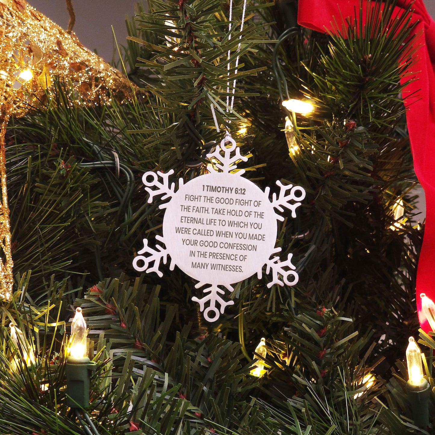 1 Timothy 6:12 Ornament, Bible Verse Ornament, Christmas Ornament, Christmas Gift, Snowflake Ornament