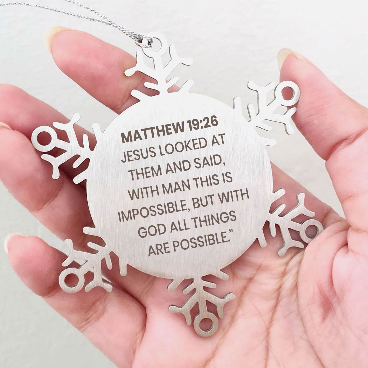 Matthew 19:26 Ornament, Bible Verse Ornament, Christmas Ornament, Christmas Gift, Snowflake Ornament